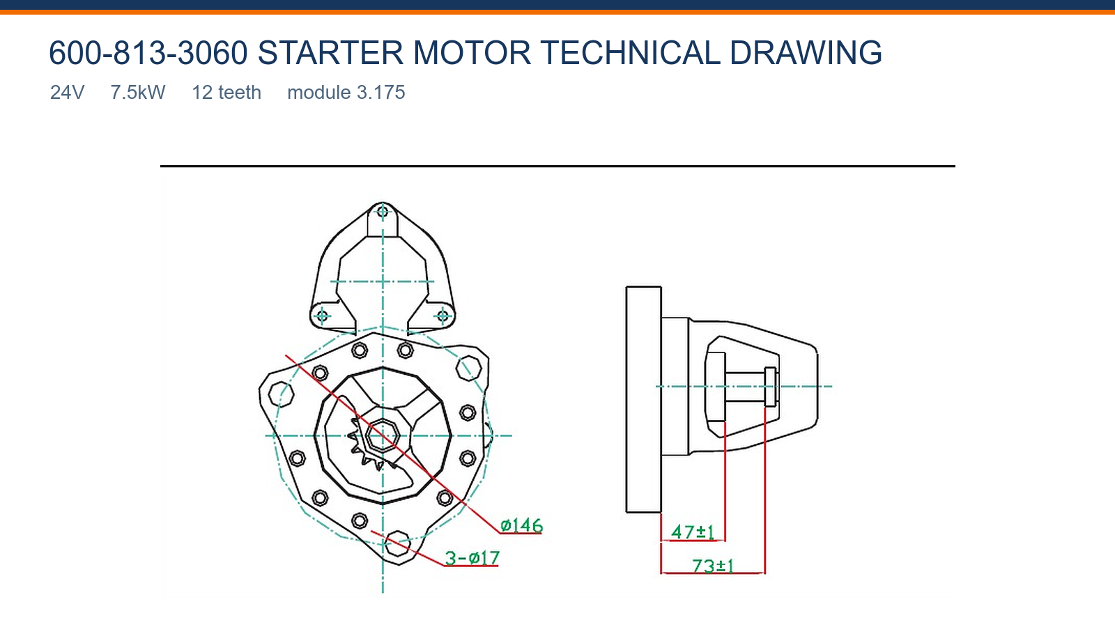 600-813-3060 Komatsu starter motor technical drawing 24V 7.5kW 12T