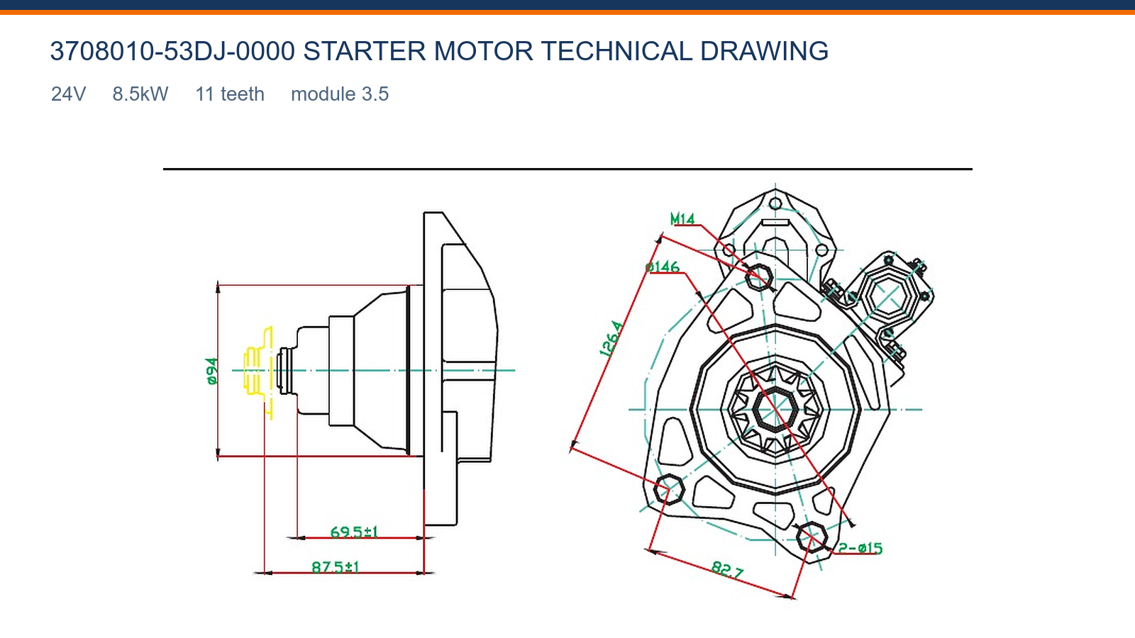 3708010-53DJ-0000 Xichai startmotor technische tekening 24V 8,5kW 11T