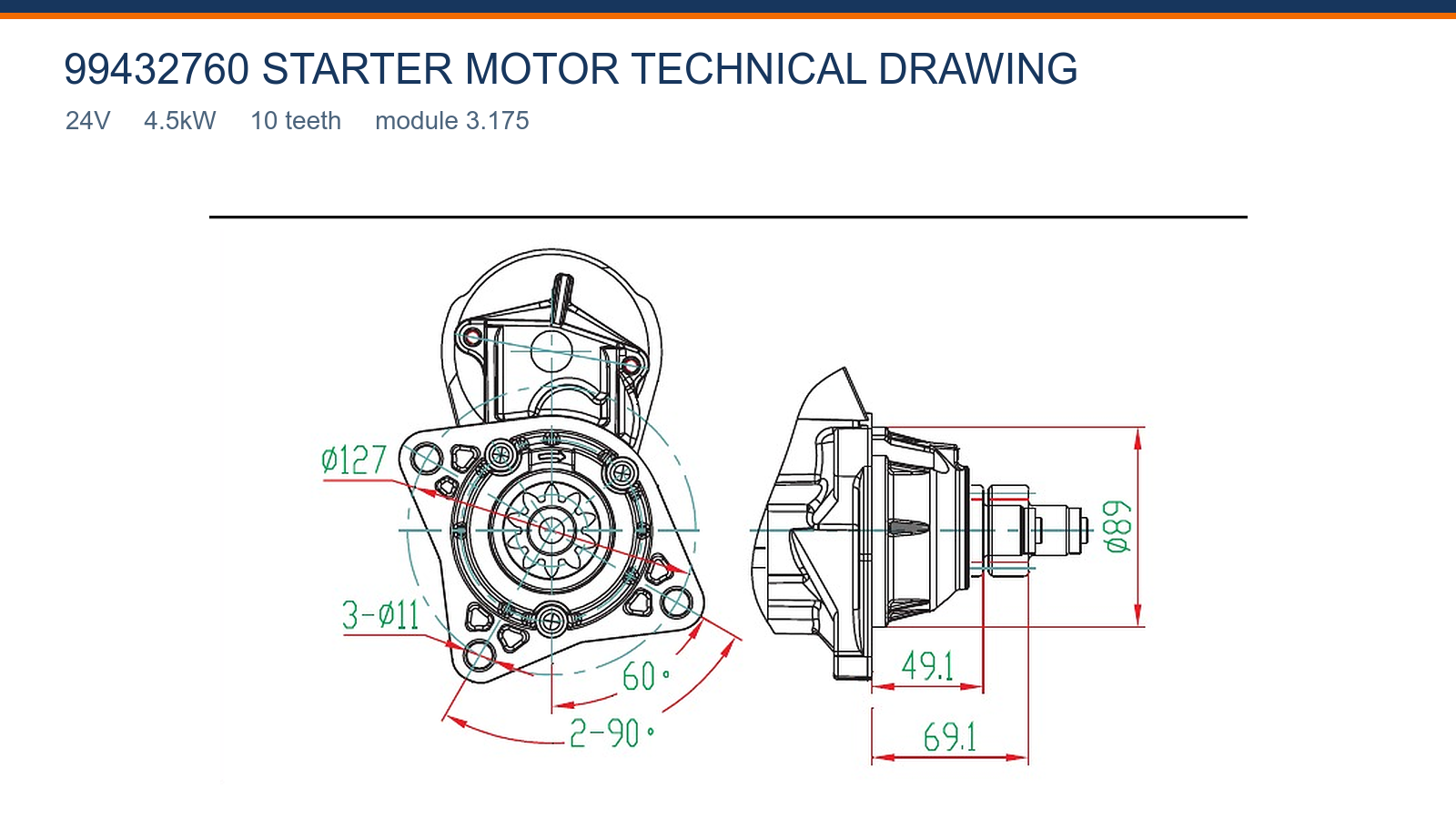 99432760 Shangqi starter motor technical drawing 24V 4.5kW 10T