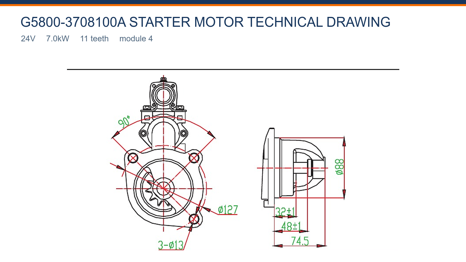 G5800-3708100A Yuchai starter motor technical drawing 24V 7.0kW 11T