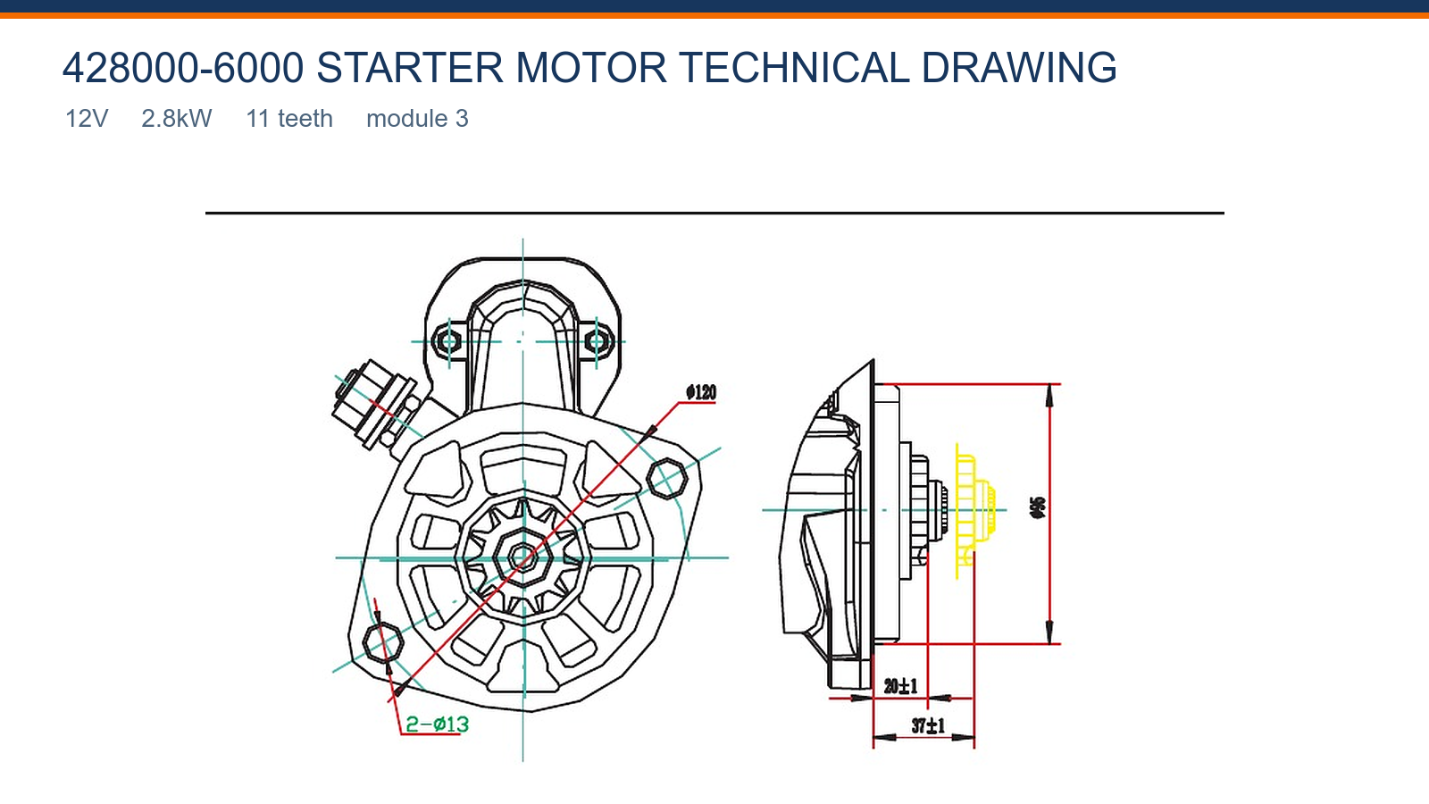 428000-6000 Cummins starter motor technical drawing 12V 2.8kW 11T