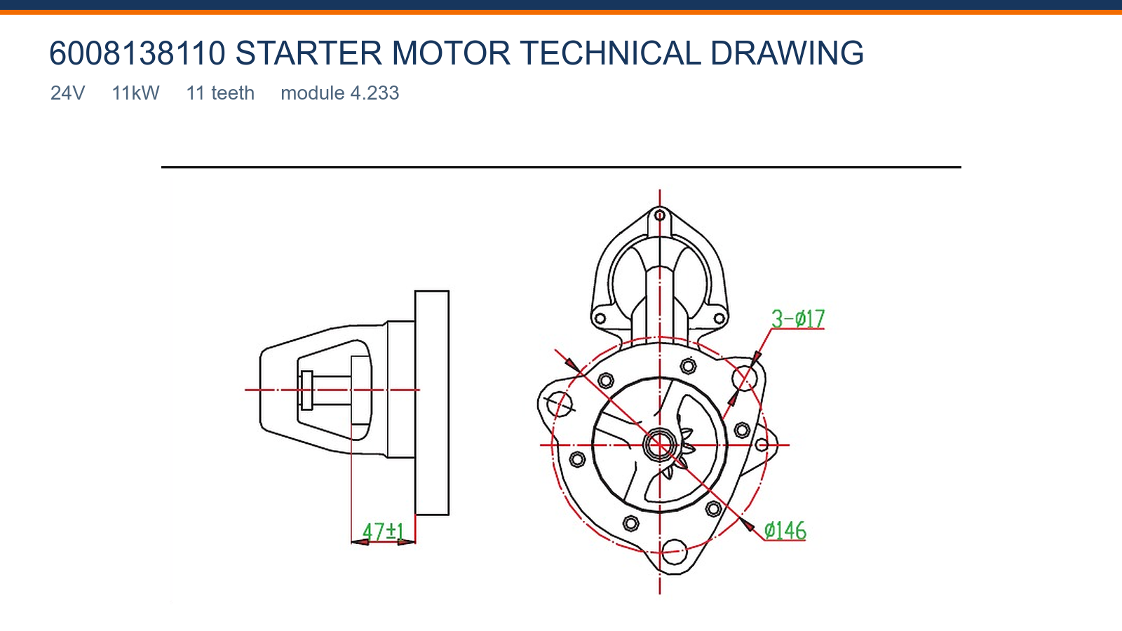 6008138110 Komatsu starter motor technical drawing 24V 11kW 11T