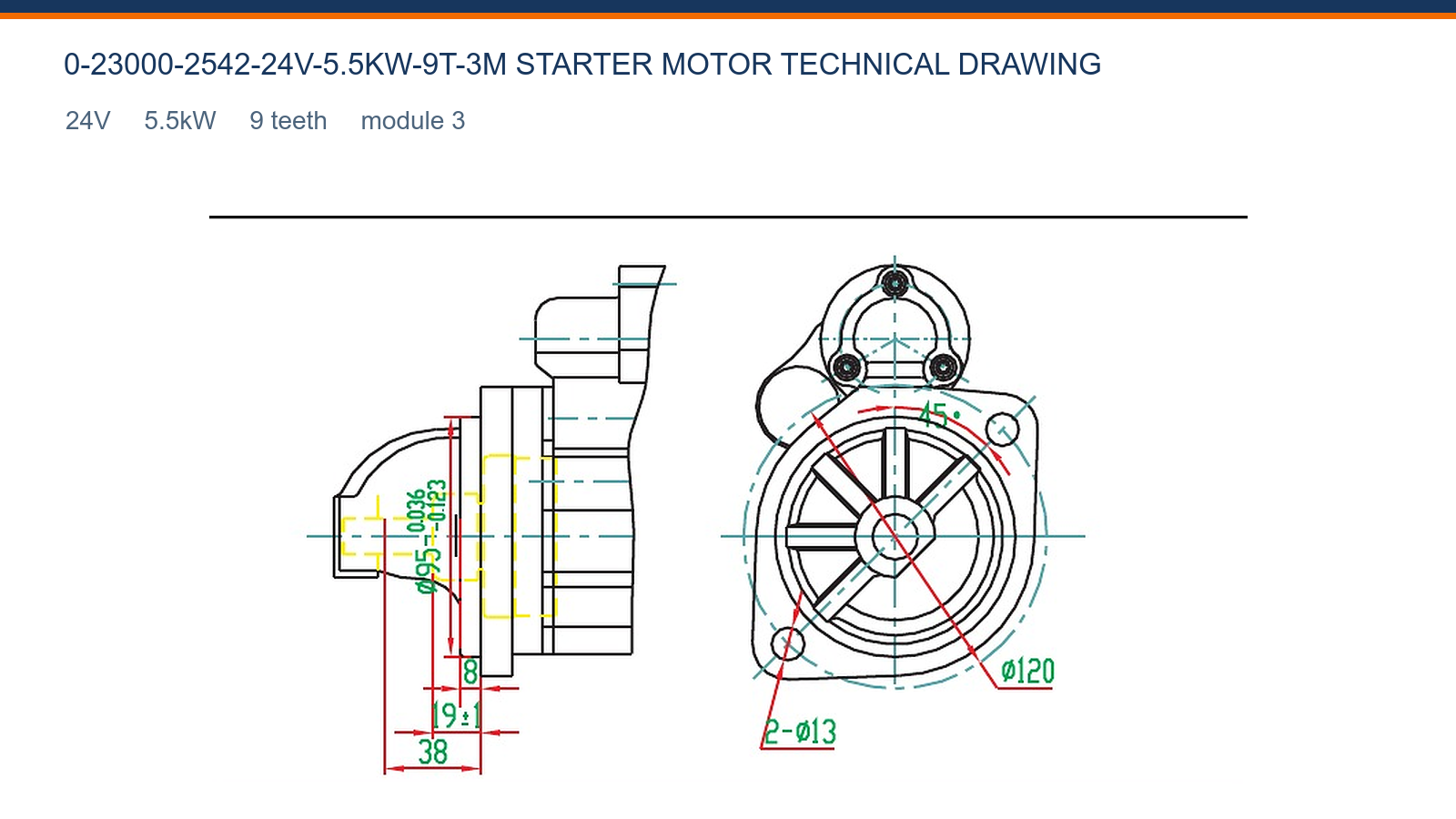 0-23000-2542-24V-5.5KW-9T-3M Isuzu starter motor technical drawing 24V 5.5kW 9T