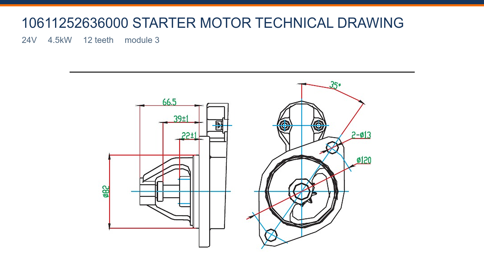 10611252636000 Changfa startmotor teknisk tegning 24V 4,5kW 12T