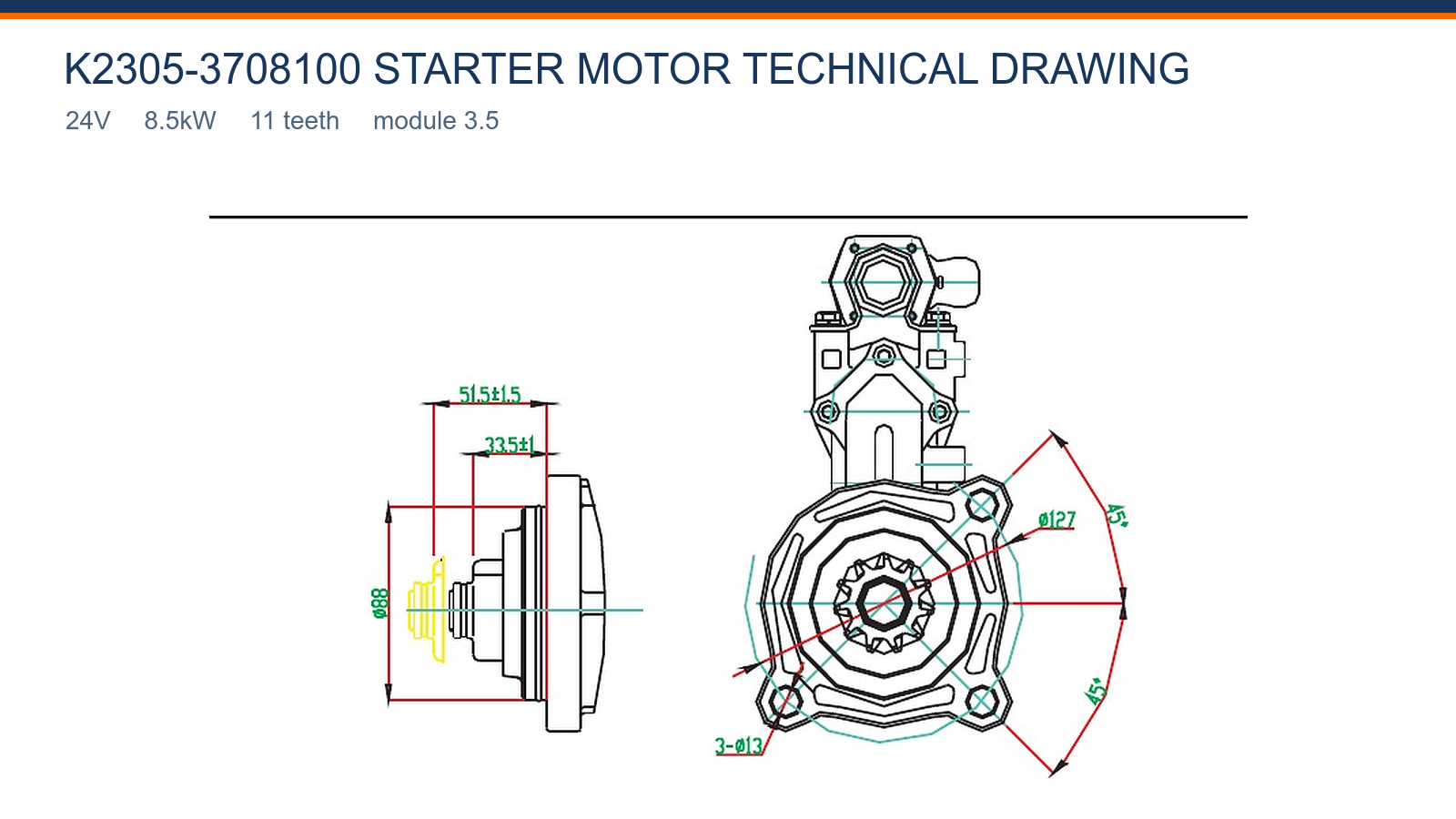 K2305-3708100 Yuchai starter motor technical drawing 24V 8.5kW 11T