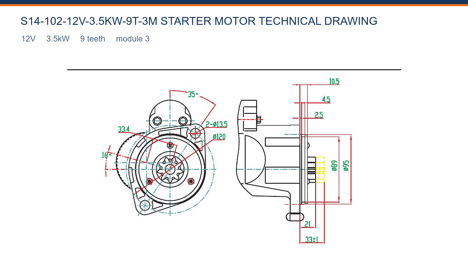 S14-102-12V-3.5KW-9T-3M Yanmar starter motor technical drawing 12V 3.5kW 9T