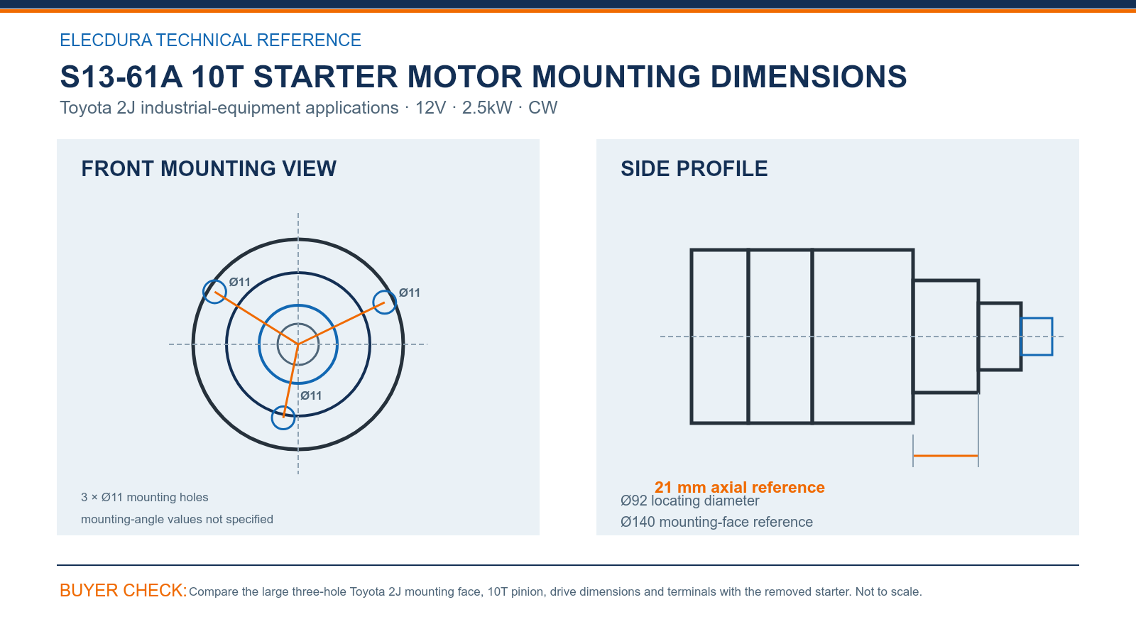 S13-61A Toyota 2J 12V 2.5kW 10T starter mounting dimensions