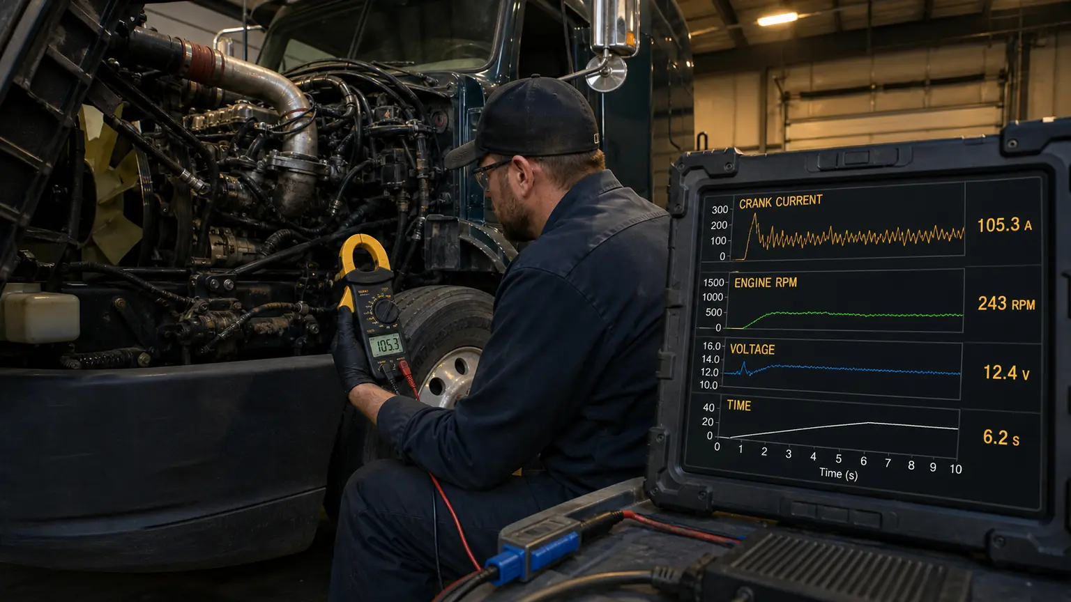 Loaded starter current, delivered voltage, and engine cranking-speed evidence in a fleet workshop