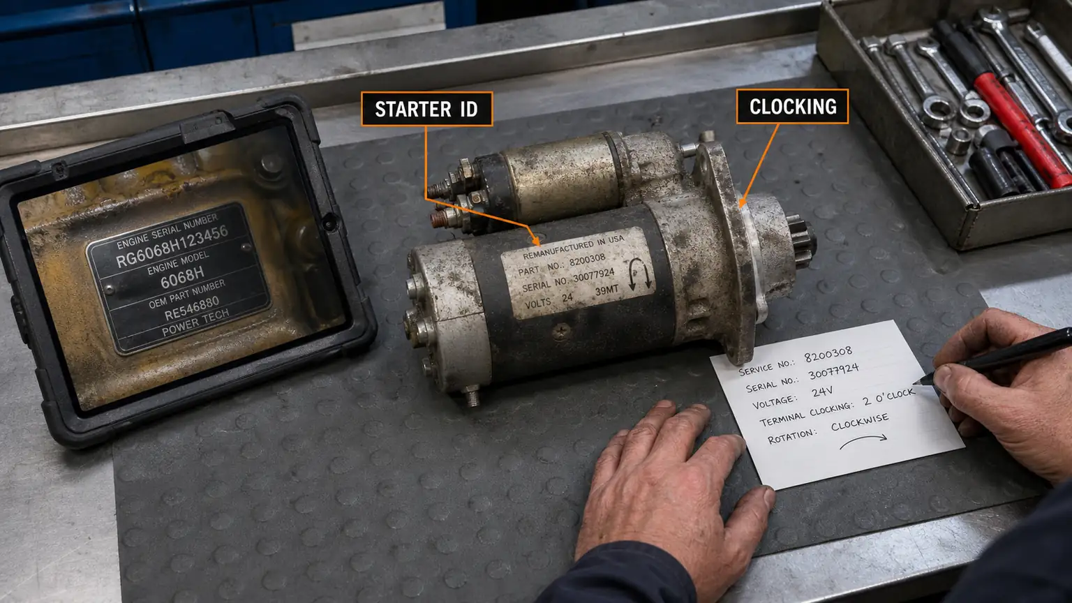 Removed heavy-duty starter markings, voltage, rotation, and solenoid clocking documentation