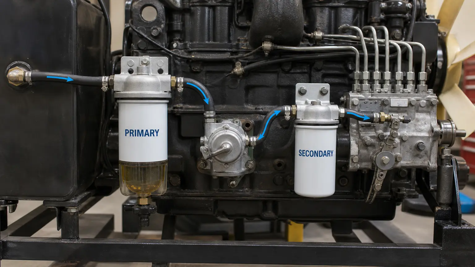 Cummins 4BT/6BT-type primary water separator and secondary fuel-filter routing