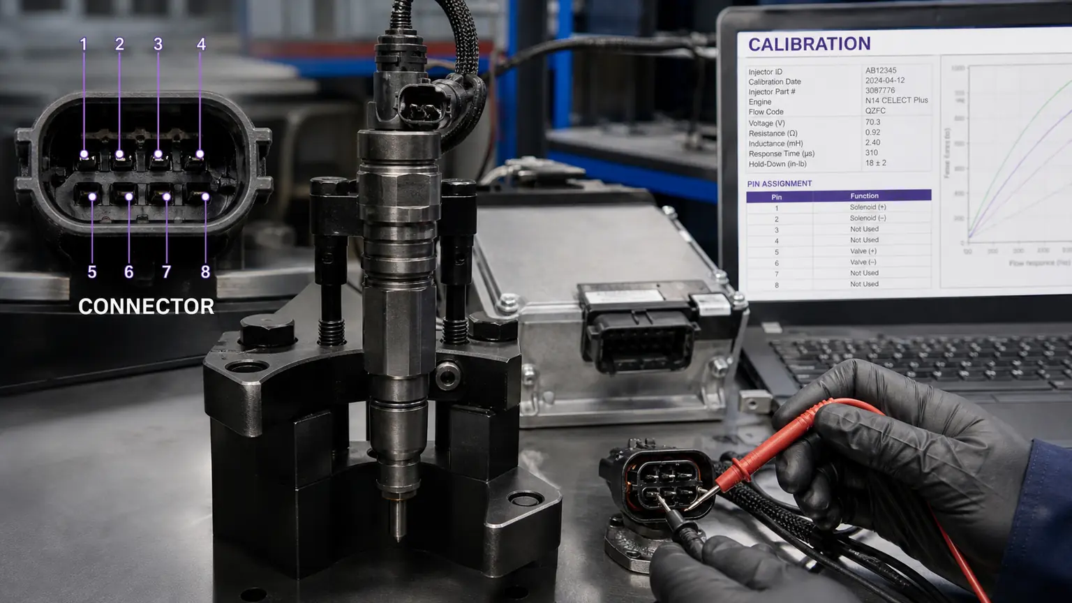 Diesel injector calibration file, connector pin, resistance, and installation-interface inspection