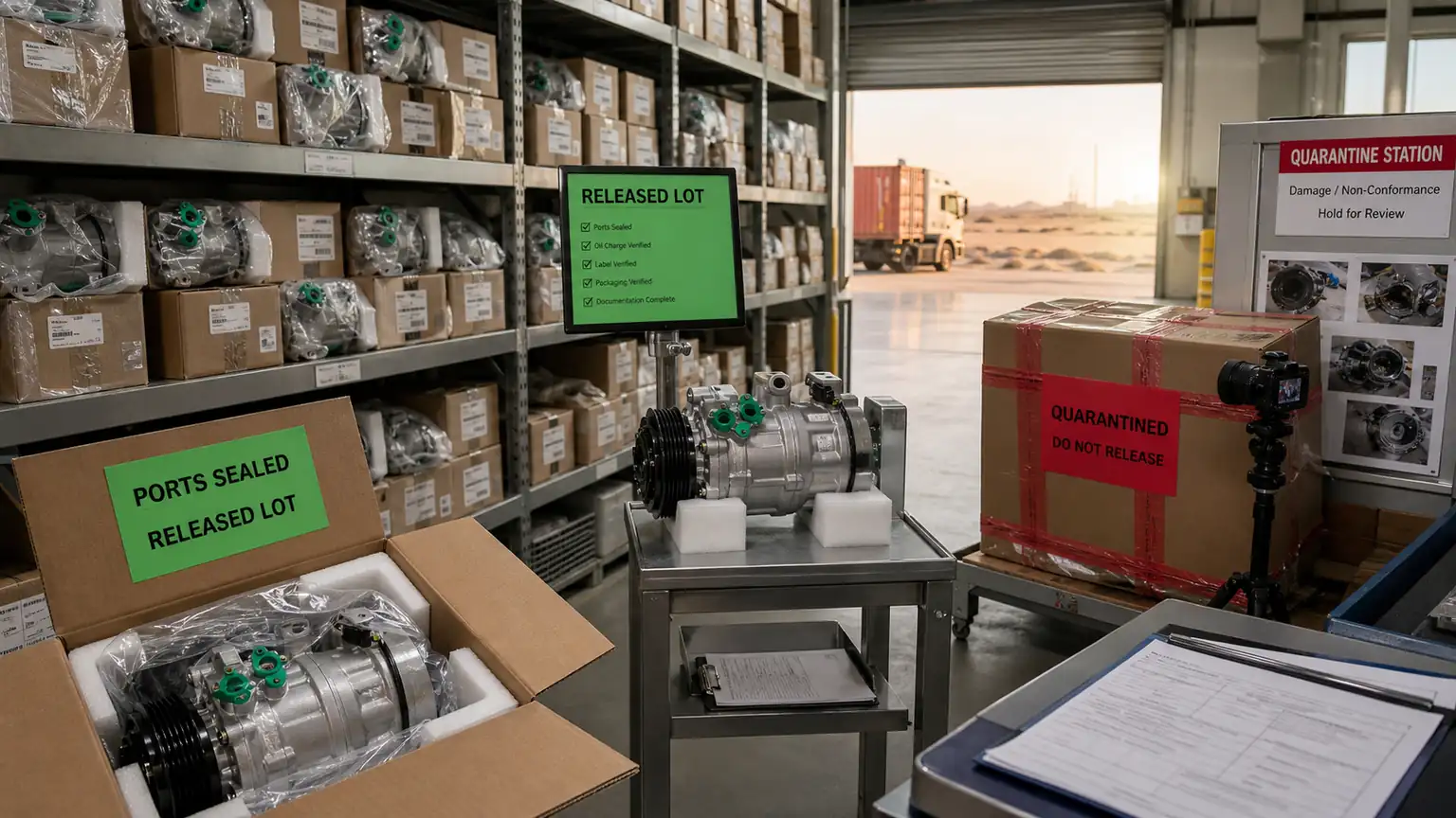 UAE compressor stock with sealed ports, protected packaging, approved lot, and quarantine station