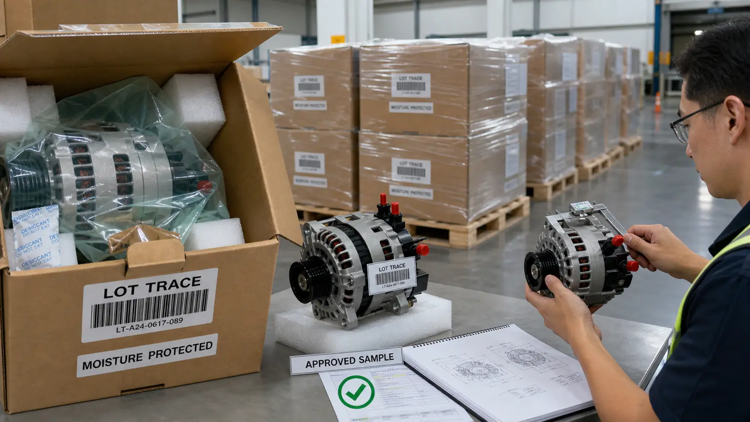 Moisture-protected alternator packaging, approved sample, barcode, and repeat-lot traceability