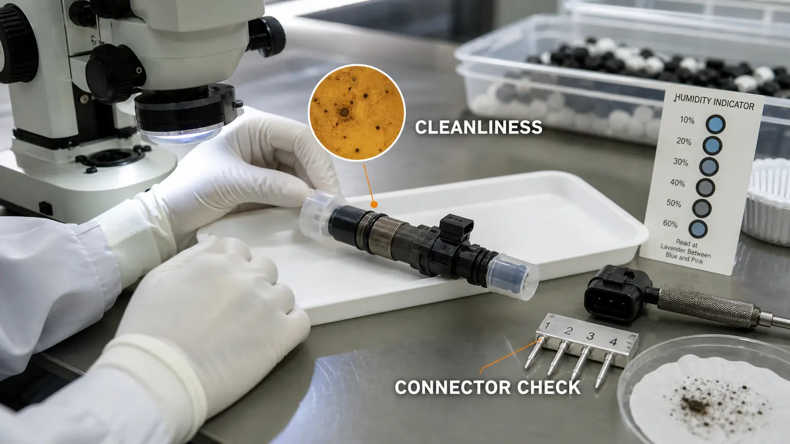 Injector cleanliness, connector pin, moisture indicator, and particle inspection