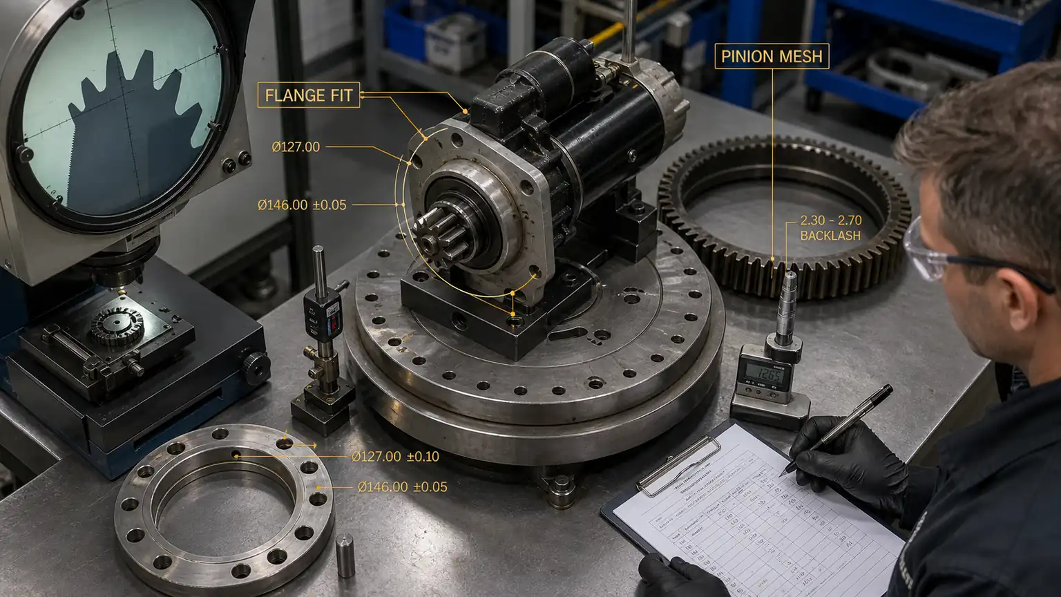 Starter flange, nose, pinion, and ring-gear geometry measured in a remanufacturing workshop