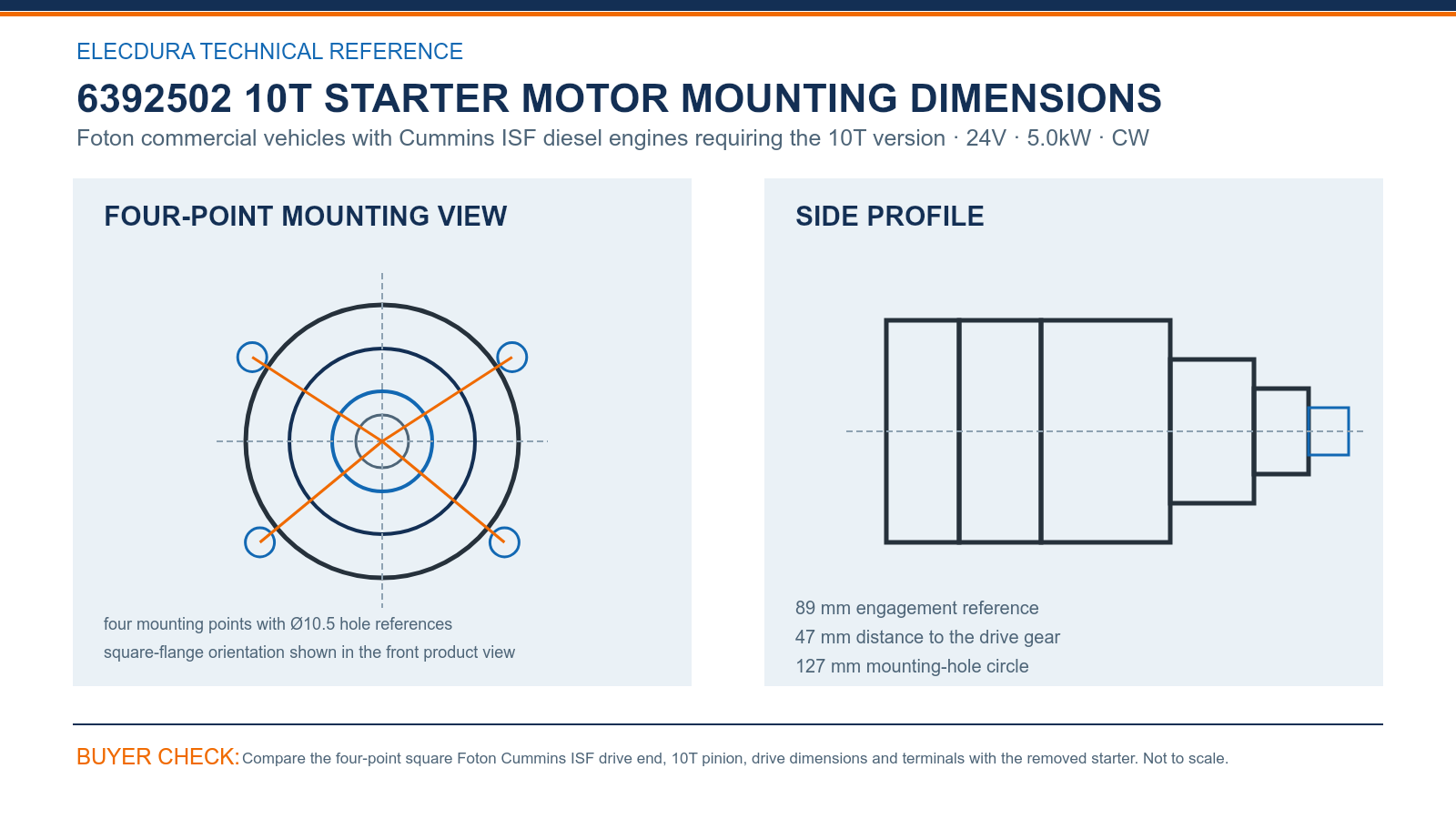 6392502 Foton Cummins ISF 24V 5.0kW 10T starter mounting dimensions
