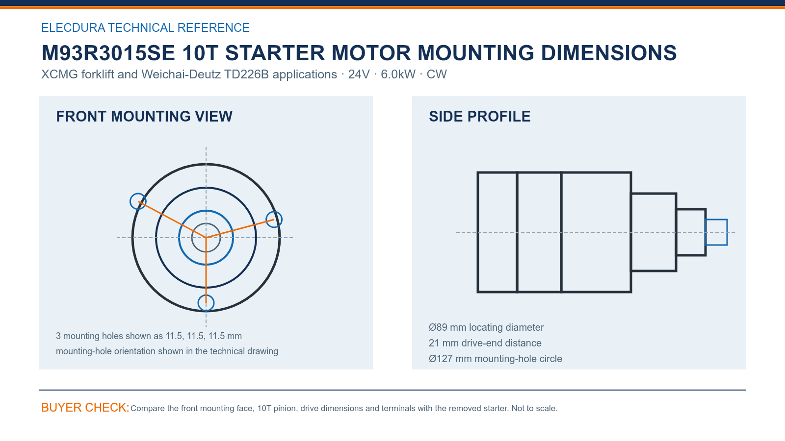 M93R3015SE XCMG forklift and Weichai-Deutz TD226B 24V 6.0kW 10T starter mounting dimensions