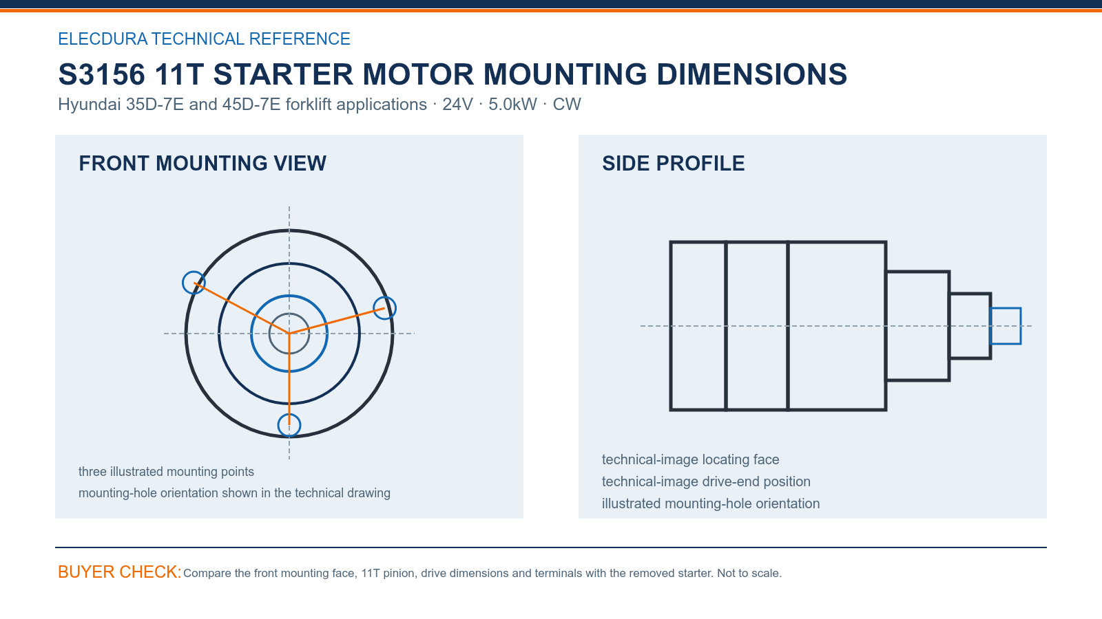 S3156 Hyundai 35D-7E and 45D-7E forklift 24V 5.0kW 11T starter mounting dimensions