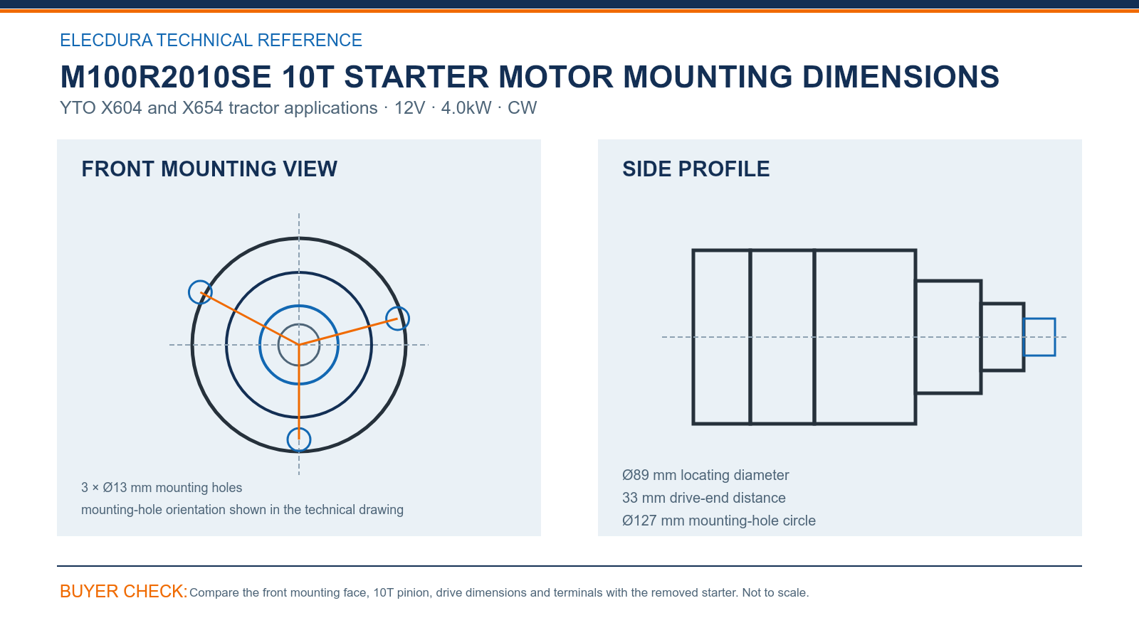 M100R2010SE YTO X604 og X654 traktor 12V 4.0kW 10T starter monteringsdimensioner