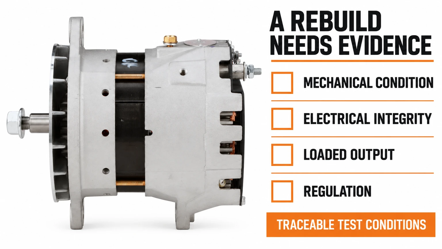 Acceptance evidence required for a finished alternator rebuild.