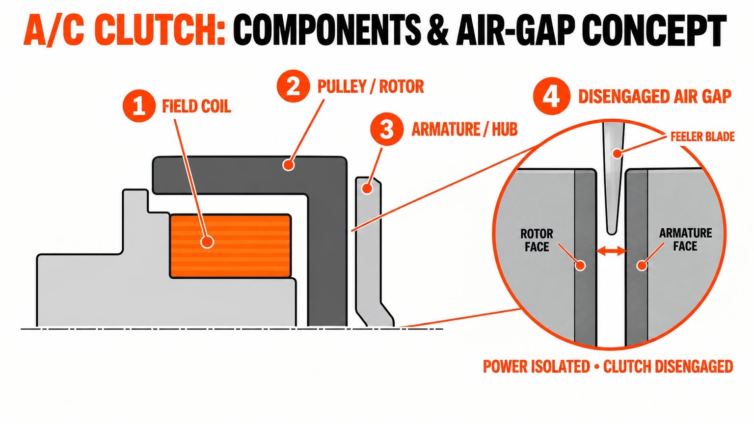 Conceptual conventional A/C clutch components with the disengaged air gap shown between rotor and armature faces.