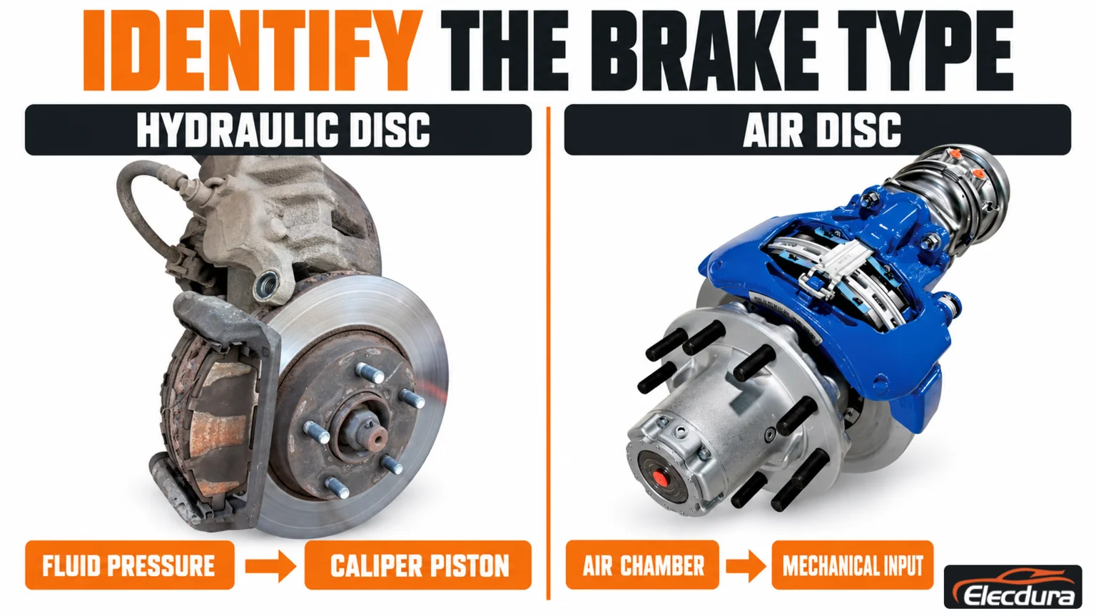 Hydraulic floating-caliper reference and air-disc-brake assembly reference with separate actuation concepts.
