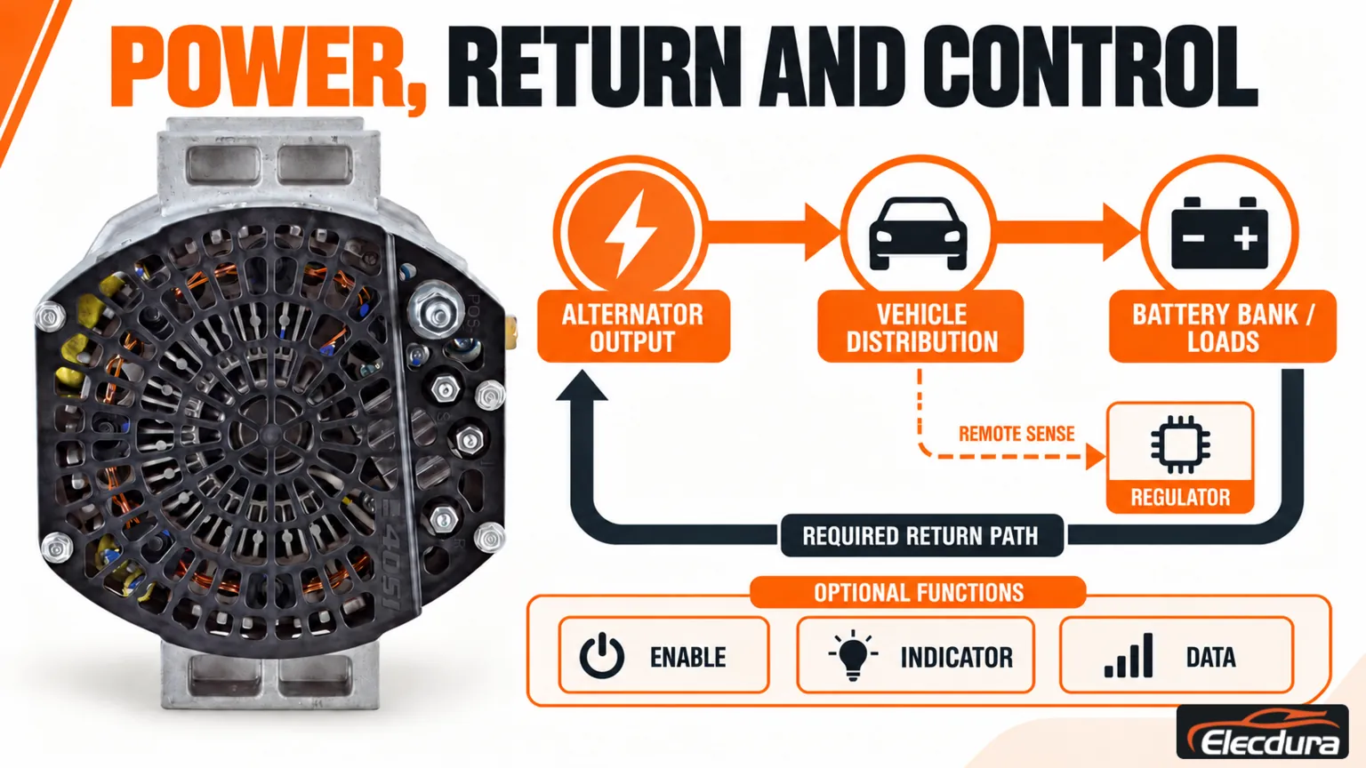 Alternator rear-view reference with a functional diagram of output, return, remote sensing and optional control functions.