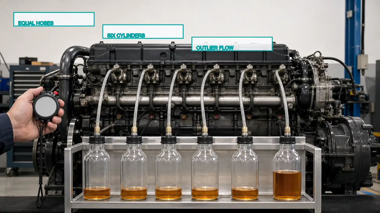Six-bottle return-flow comparison on a heavy-duty diesel injector bank with one clear flow outlier.