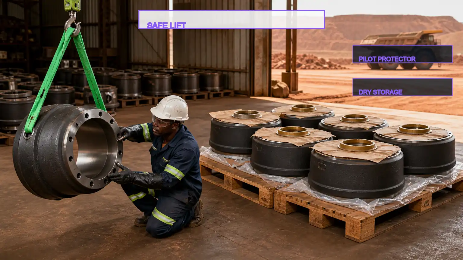 Heavy-duty brake drums lifted and stored with pilot protection, corrosion barriers, and separated pallets for South African mine fleets.