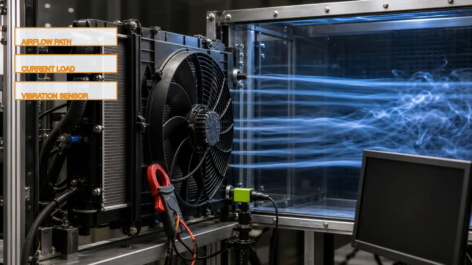 Heavy-duty electric radiator fan and core undergoing guarded airflow, electrical-load, and vibration testing.