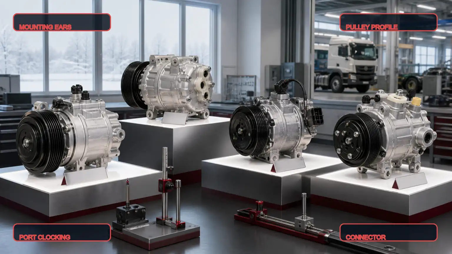 Four heavy-duty A/C compressor configurations compared by mounting ears, pulley profile, rear ports, and connector style for Polish buyers.