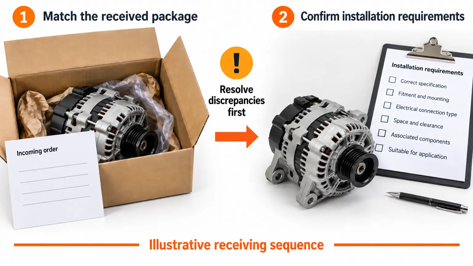 Illustrative motorcoach alternator receiving sequence separating package reconciliation from installation approval