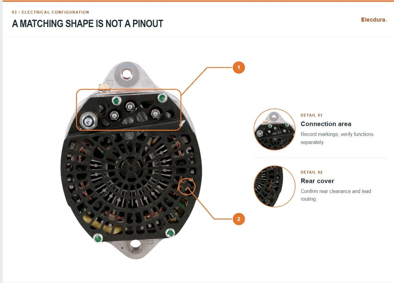Rear exterior of a heavy-duty alternator showing connection locations for electrical configuration review