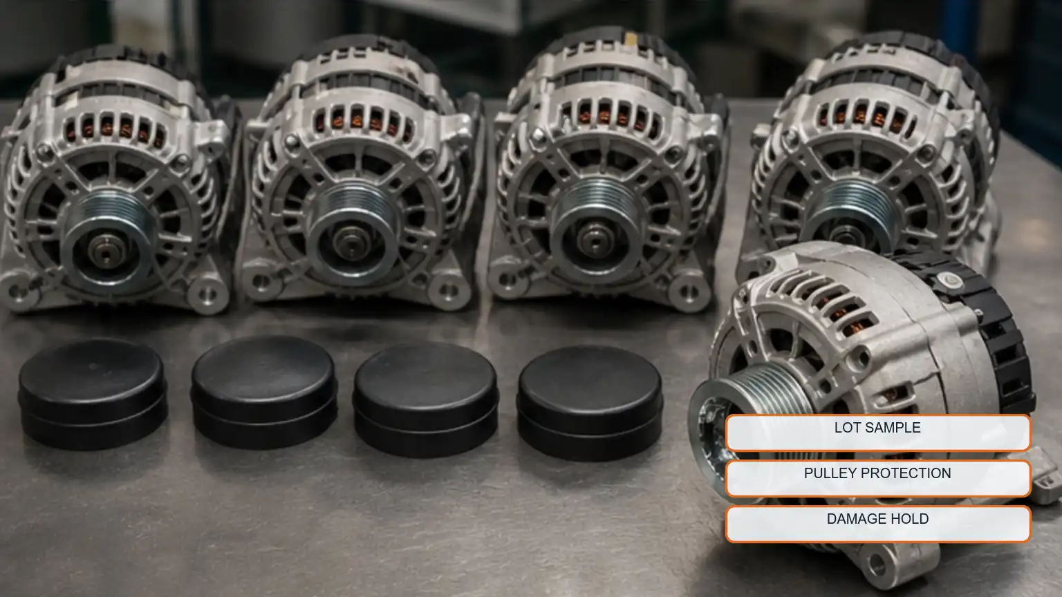 Incoming alternator lot compared with an approved sample and one isolated unit with pulley-edge damage.
