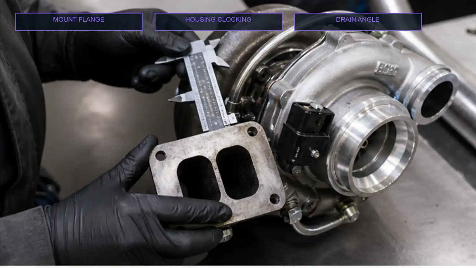 Turbocharger mounting flange, housing clocking, compressor outlet, and oil-drain angle checked during fitment review.