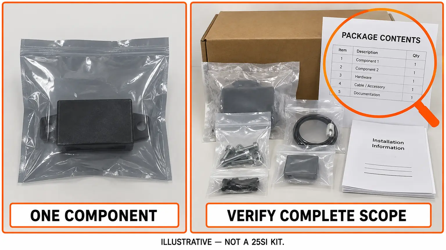 Illustrative comparison of one supplied electrical component and a service package whose full contents require verification.