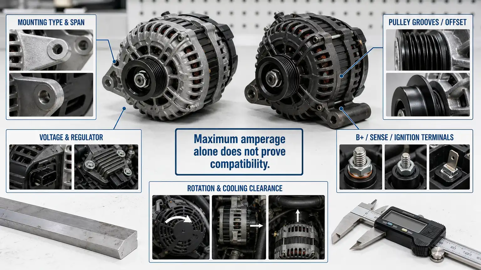 Illustrative alternator mount, pulley and connection comparison, not a measured sample record
