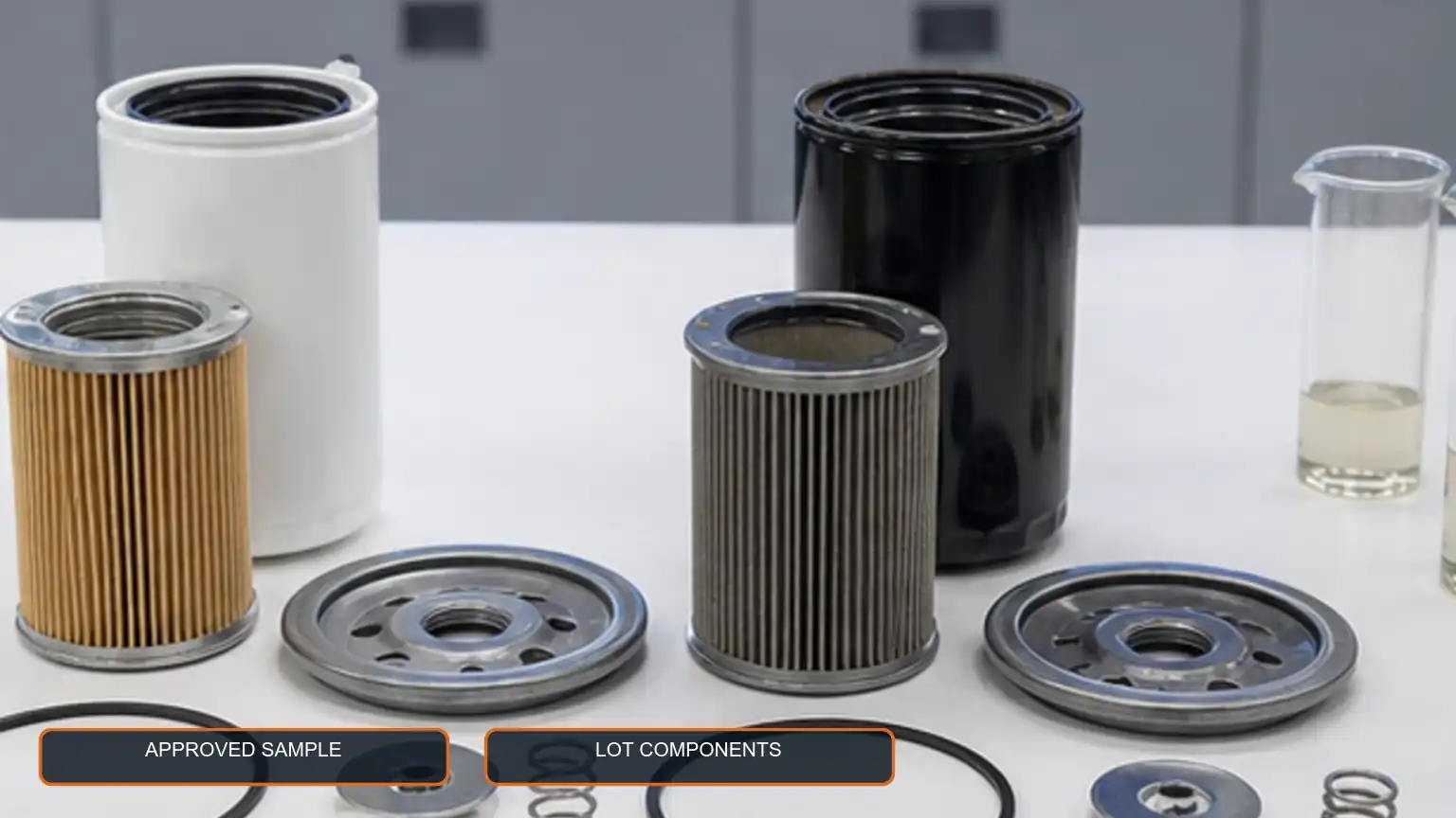 Opened approved and incoming spin-on filters compared for internal component presence, cleanliness, and assembly consistency.