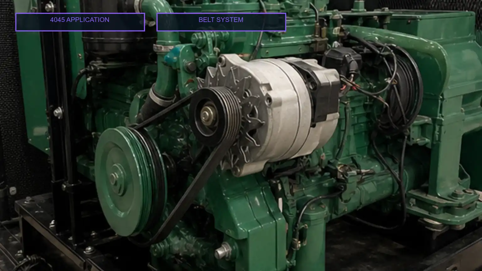 Industrial four-cylinder diesel engine with alternator, brackets, belt path, and cooling package visible in installed context.