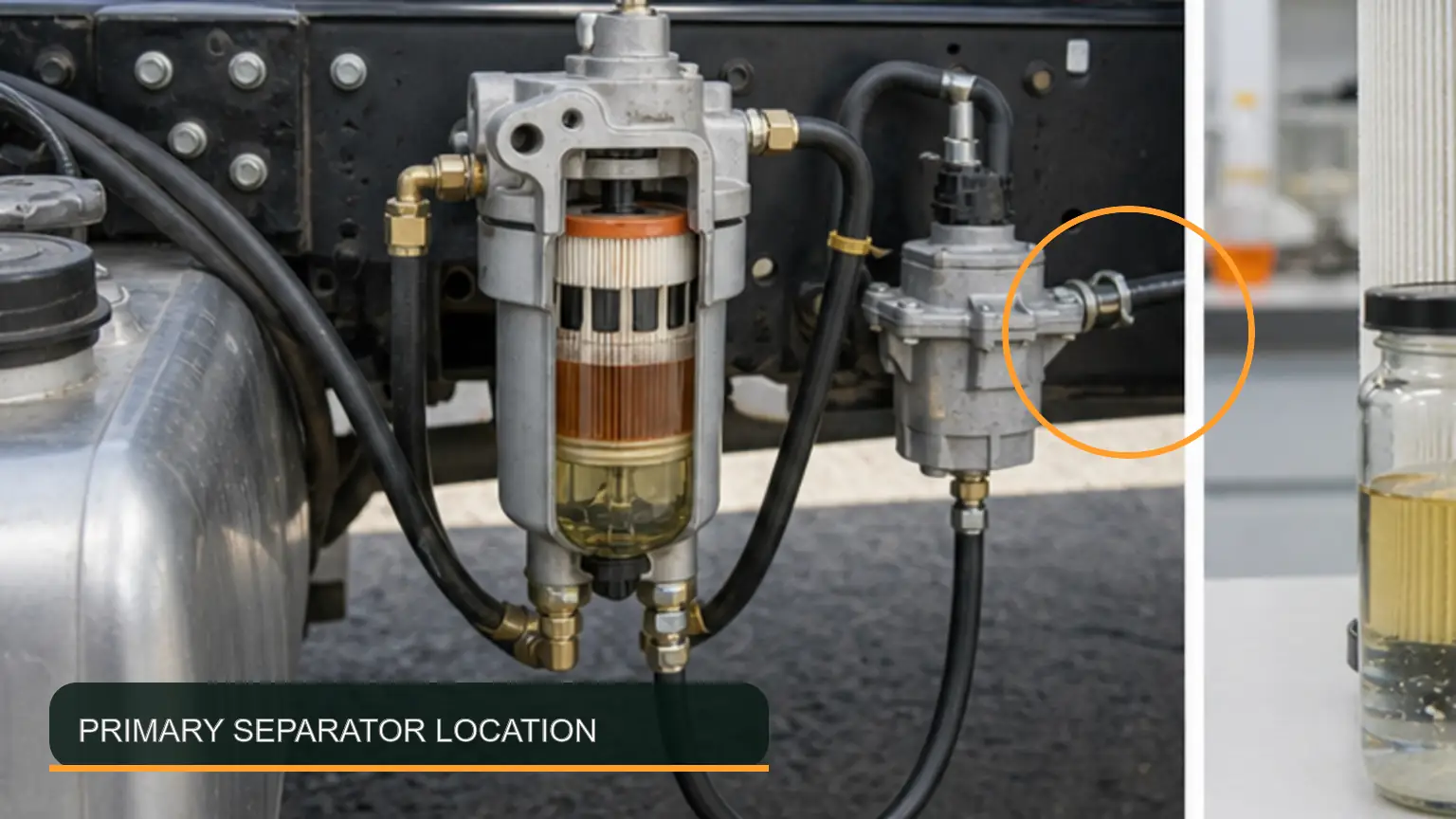 Fuel-water separator filter system layout with the principal test points identified on a heavy-duty diesel application