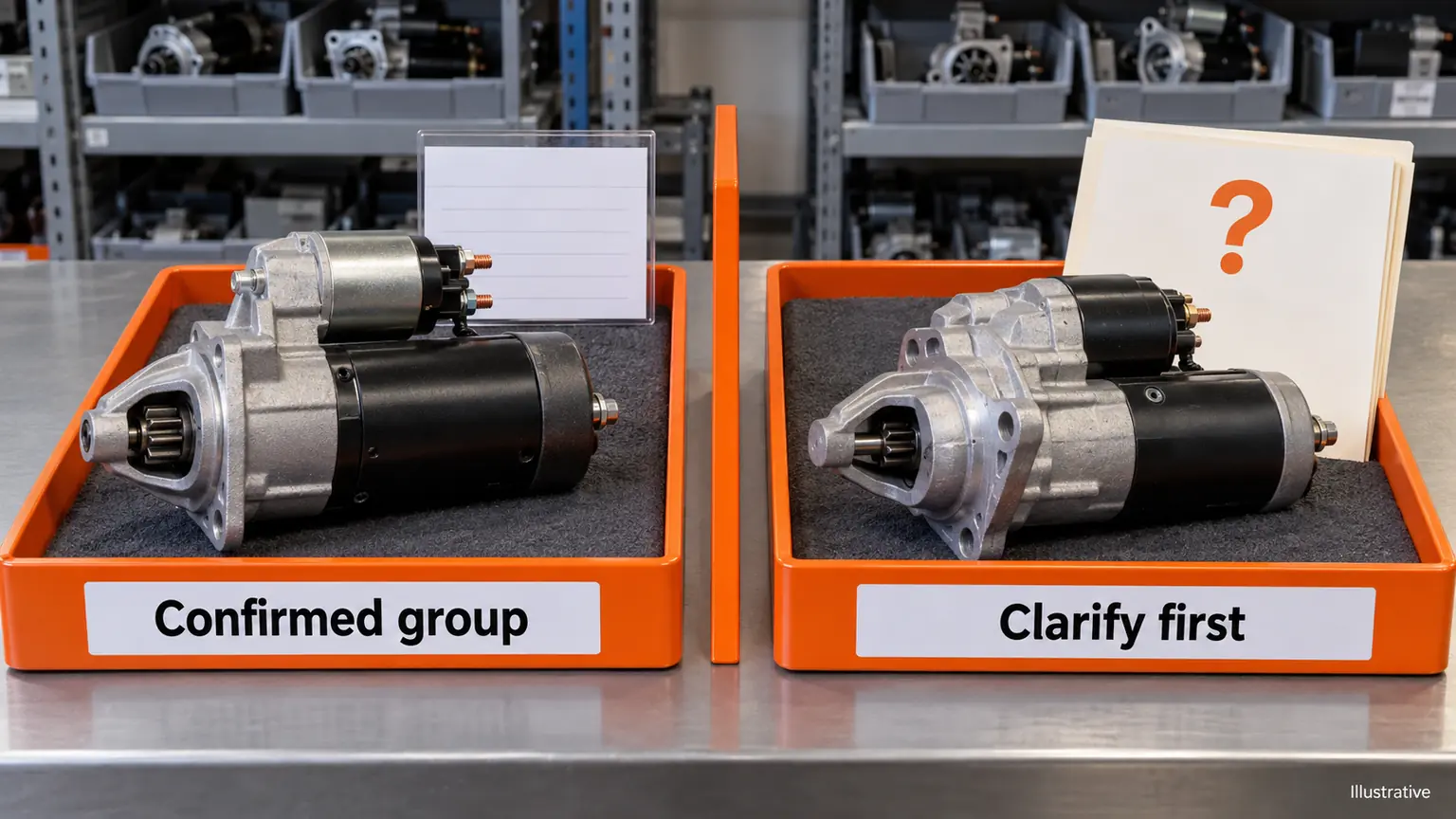 Illustrative parts-room view keeps a confirmed starter application group physically separate from a still-unresolved alternative offer.