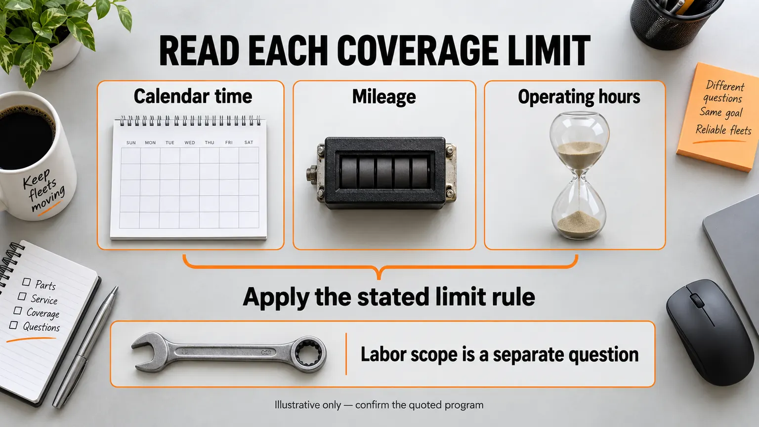 Calendar time, mileage and operating hours shown as separate coverage measures, with labor scope considered independently.