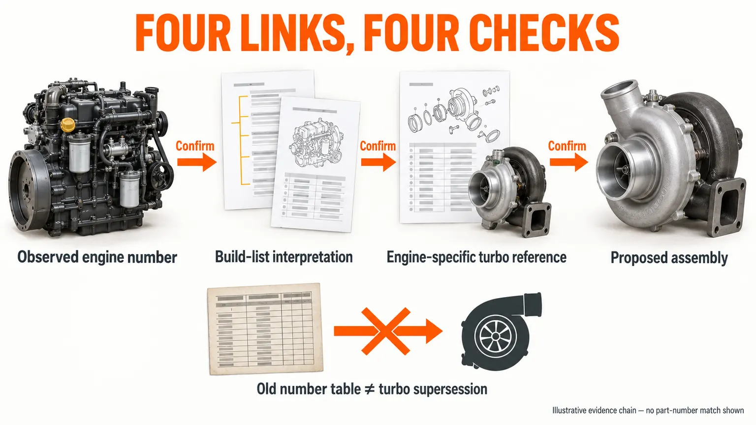 Four separately confirmed evidence links connect an observed engine number with a proposed turbo assembly.