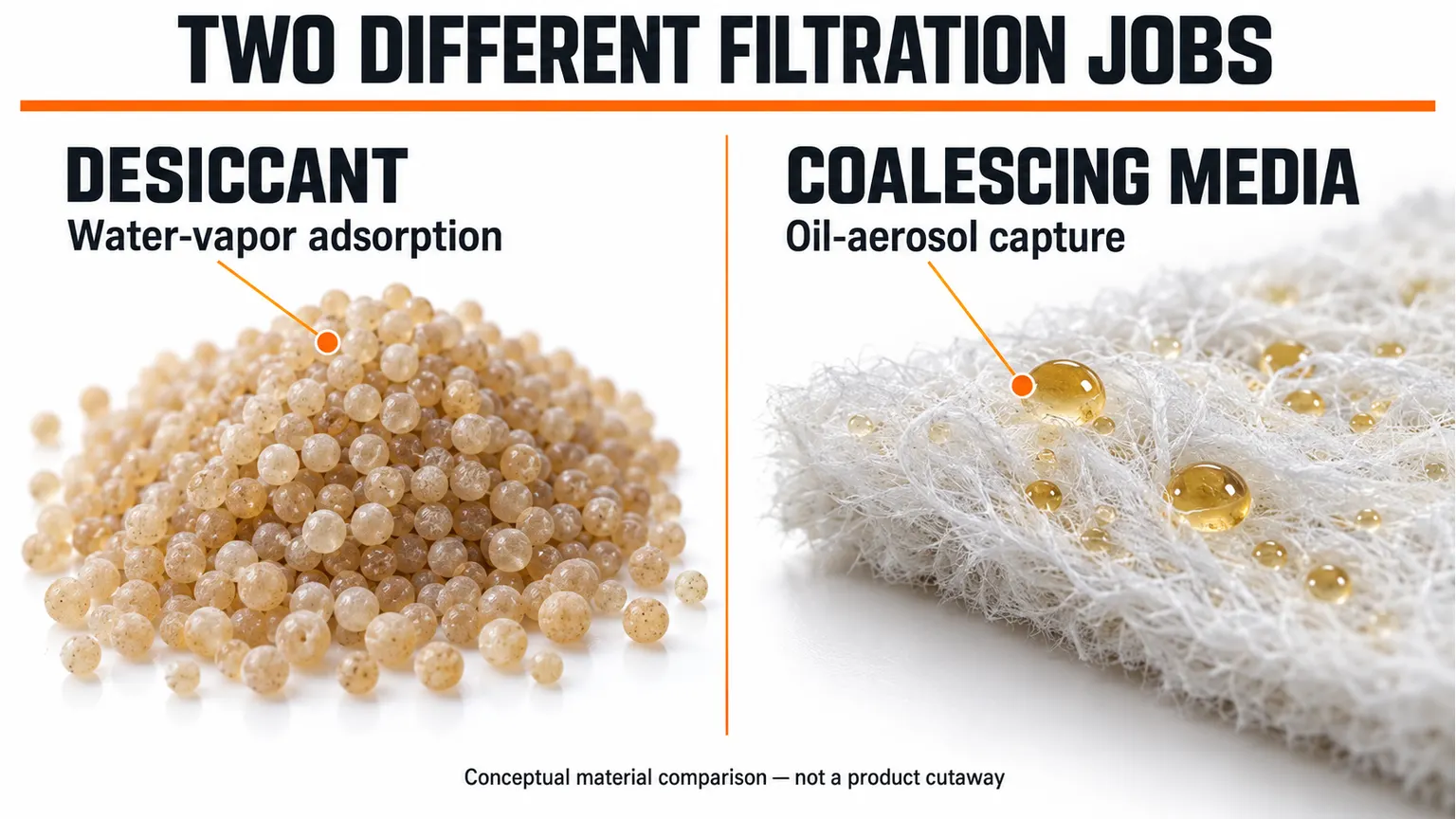 Conceptual comparison of desiccant beads for water-vapor adsorption and fibrous coalescing media for oil-aerosol capture