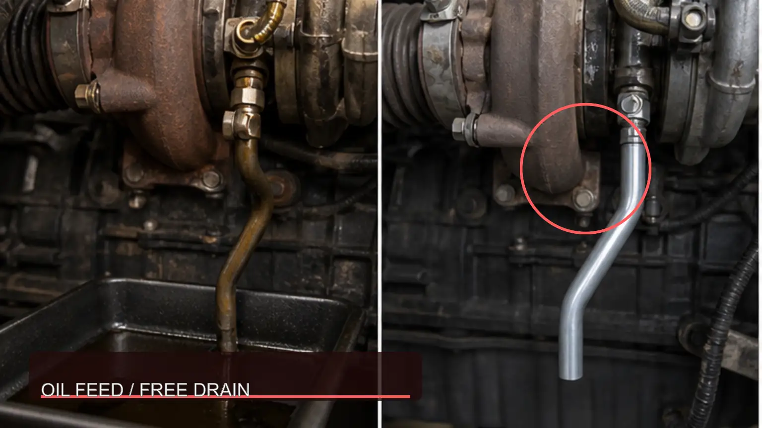 Restricted and free turbocharger oil-drain routing compared on an installed engine