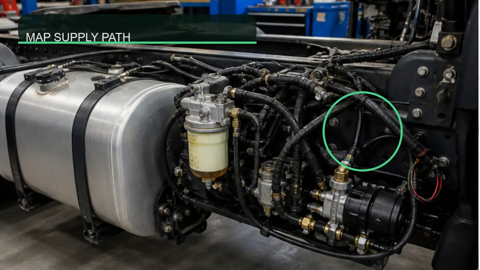 Heavy-duty diesel tank, filter, lift-pump, and supply-line path before pressure testing