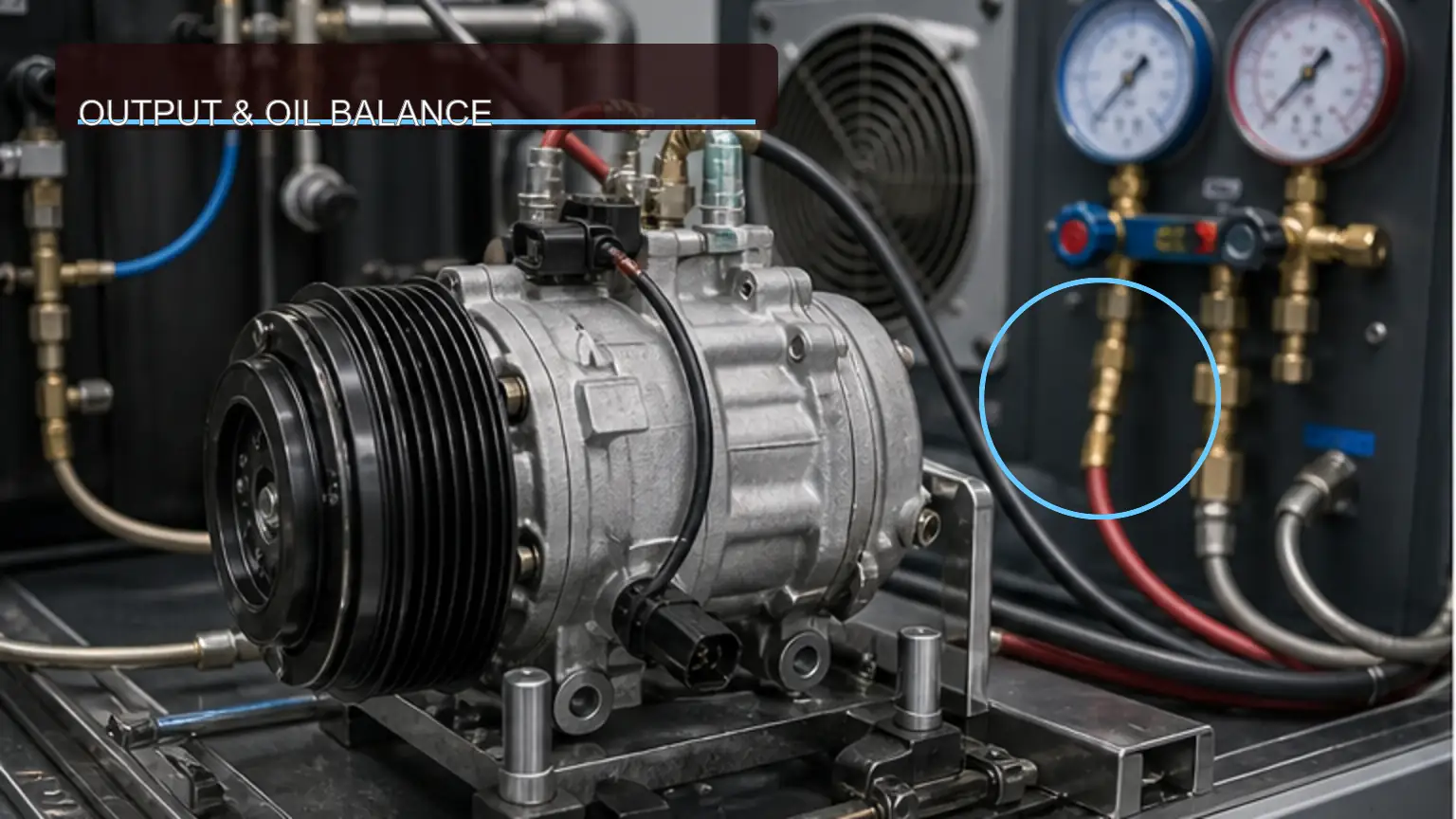 Heavy-duty air-conditioning compressor on a controlled output and oil-balance test rig