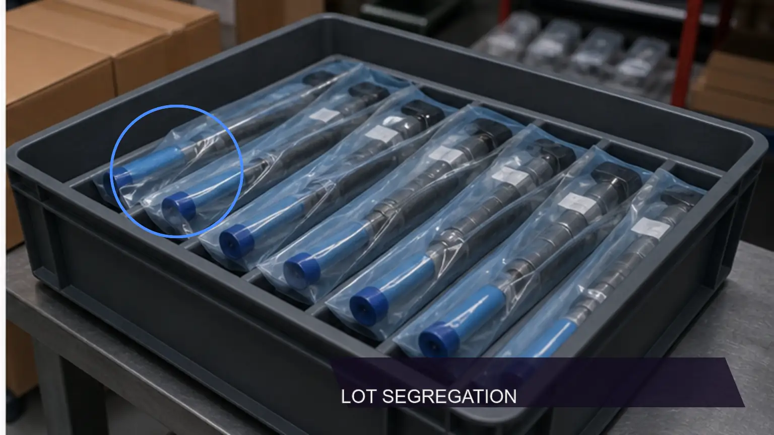 Individually capped diesel injectors segregated by lot during incoming inspection