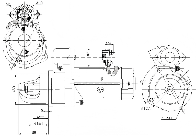 Technical Drawing of Elecdurauto Heavy-Duty Starter Motor Manufacturer