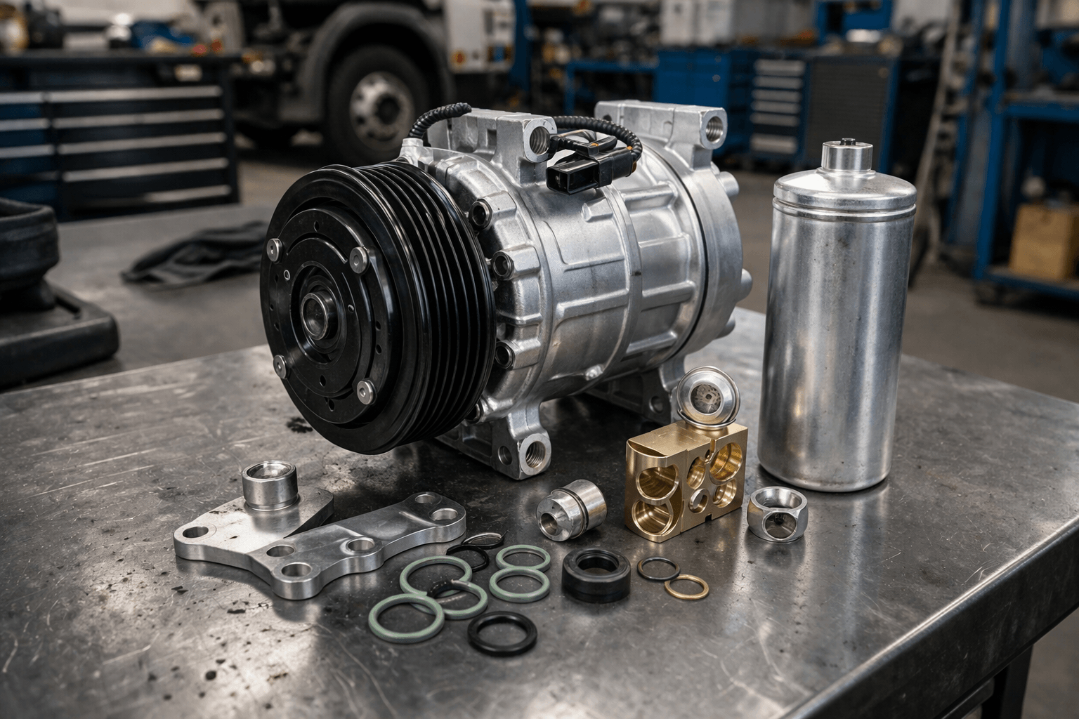 New heavy-duty truck AC compressor with receiver drier, seals and related replacement parts on workshop table